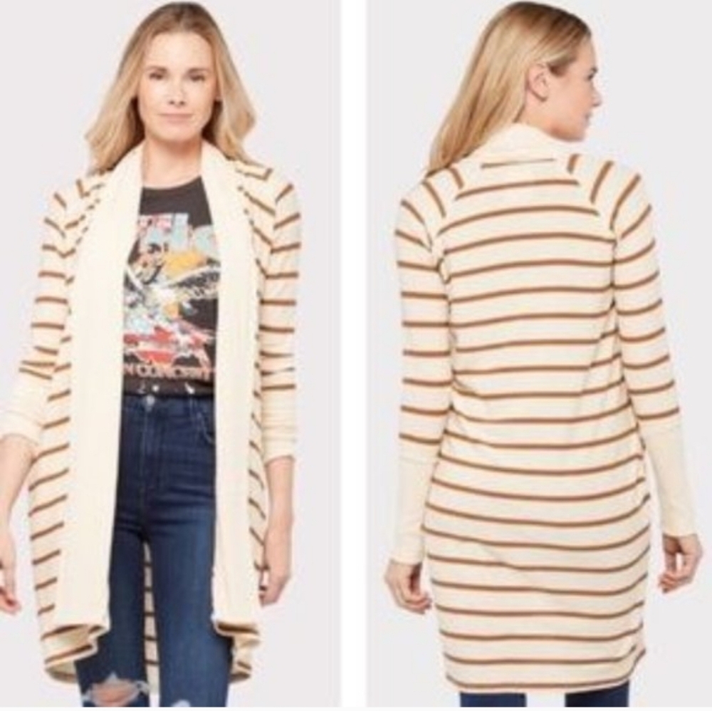 CHASER Evereve raglan striped long Cream and Brown Striped Cardigan Small NWOT